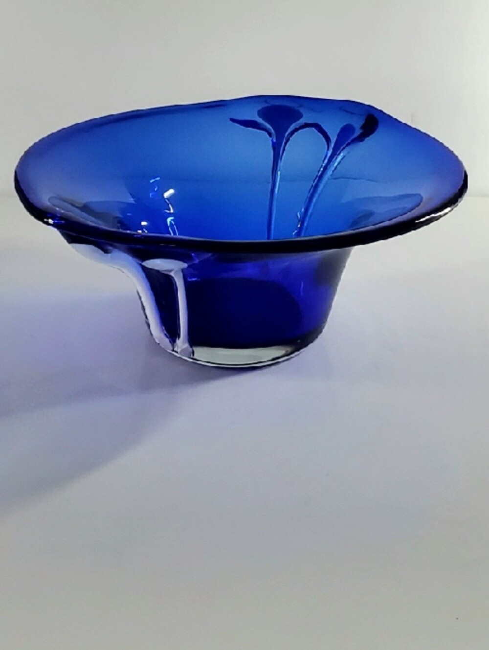 10 1/4" Bright Cobalt Blue White Cased Art Glass Free-form Bowl - Picture 16 of 16